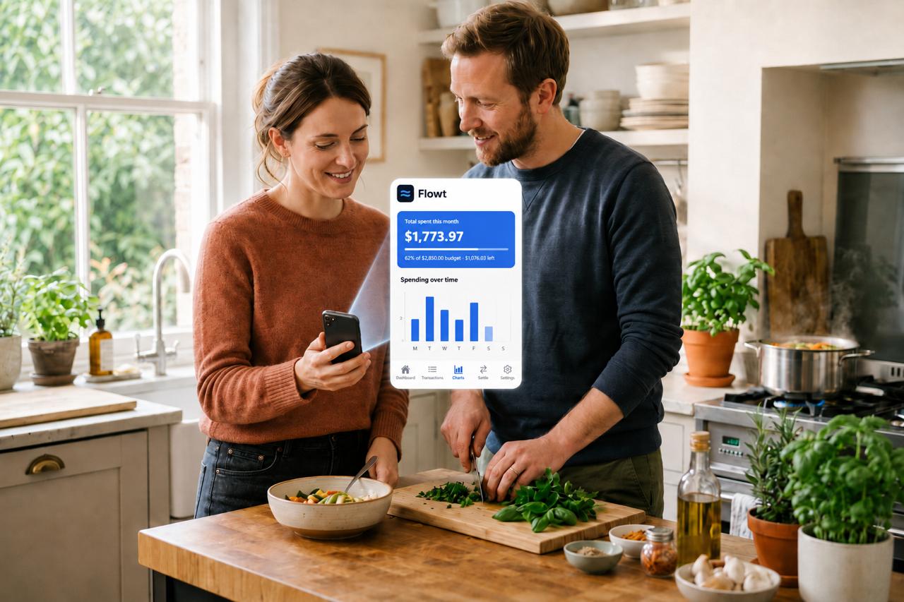 Couple in a kitchen reviewing Flowt monthly spending charts while cooking together
