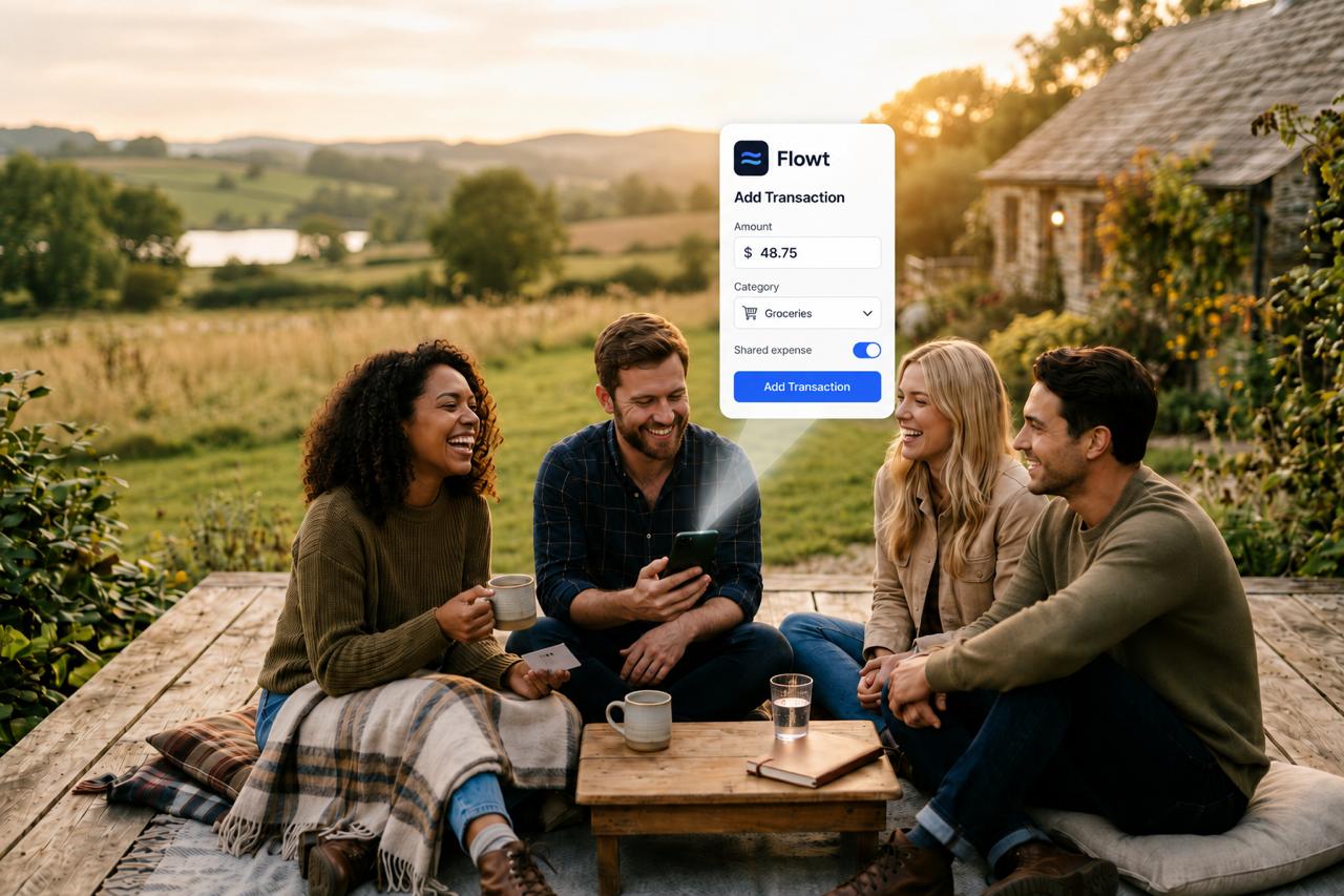 Friends on a trip adding a shared Flowt transaction from a phone