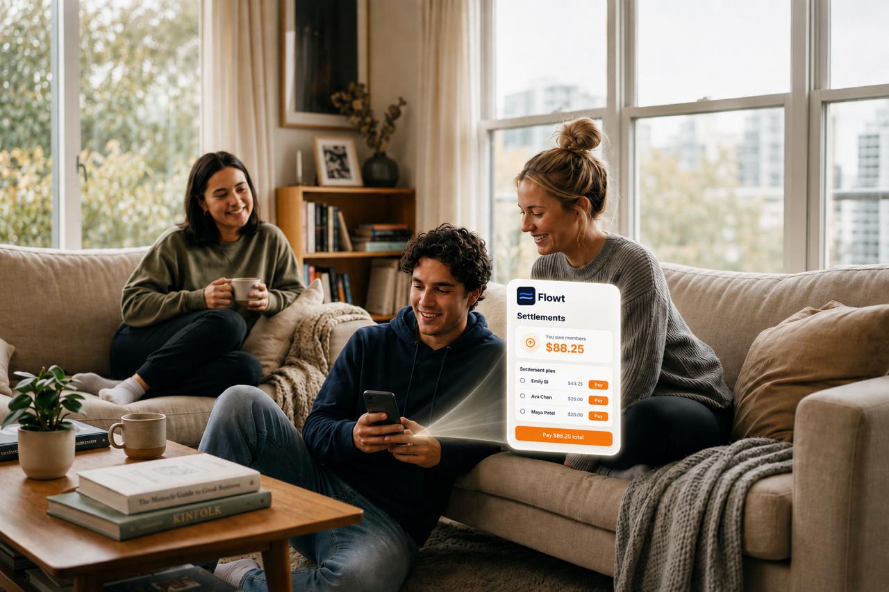 Roommates in a living room reviewing Flowt settlement amounts on a phone